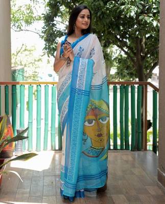 white sky color linen durga pooja sarees 1