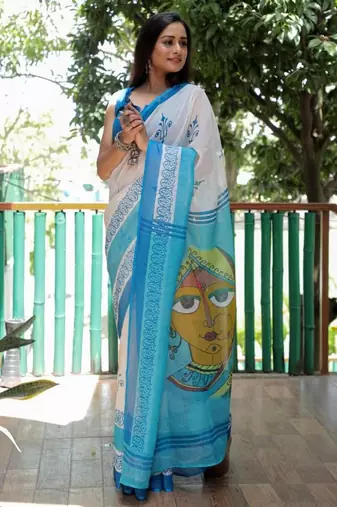 white sky color linen durga pooja sarees