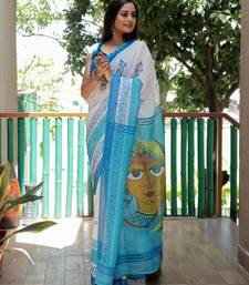 white sky color linen durga pooja sarees