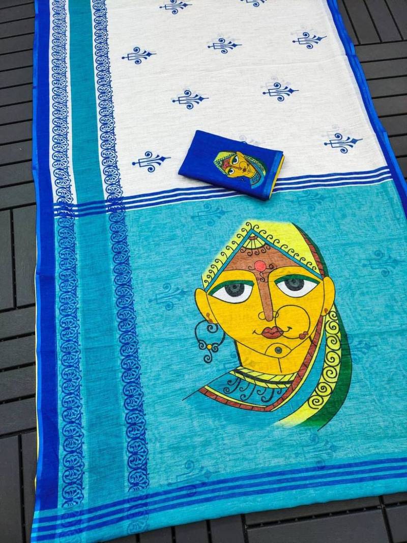 white sky color linen durga pooja sarees