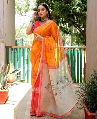 yellow  color linen durga pooja sarees 1