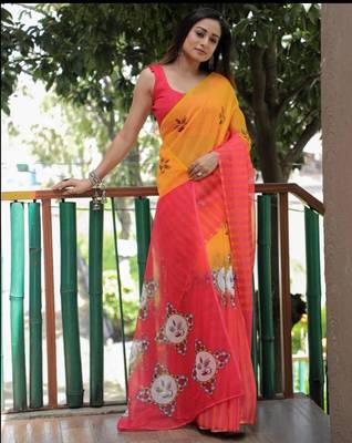 red yellow color linen durga pooja sarees 1