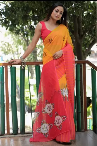 red yellow color linen durga pooja sarees