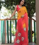 red yellow color linen durga pooja sarees