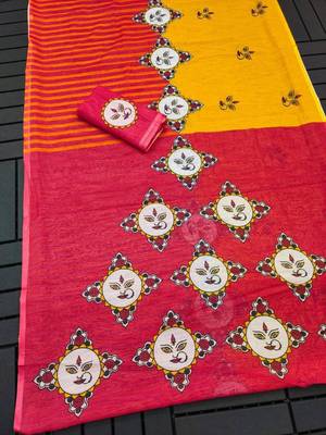 red yellow color linen durga pooja sarees 2