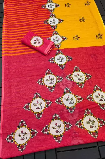 red yellow color linen durga pooja sarees