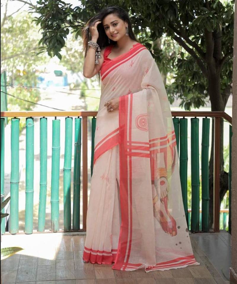 white color linen durga pooja sarees