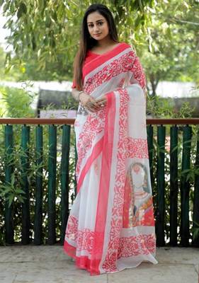 white color linen durga pooja sarees 1