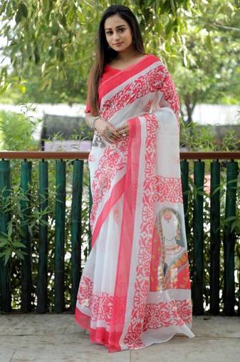 white color linen durga pooja sarees