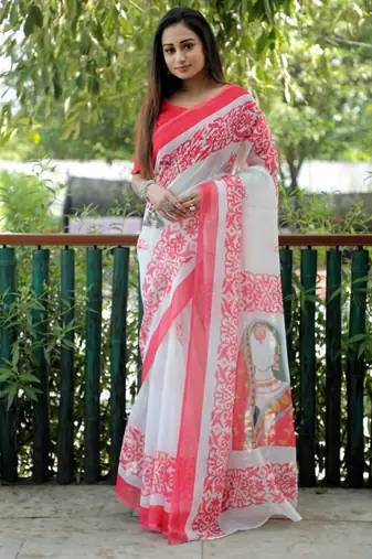 white color linen durga pooja sarees