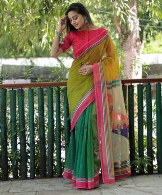 green  color linen durga pooja sarees 1