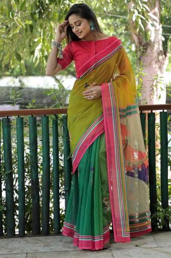 green  color linen durga pooja sarees