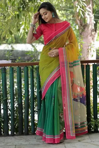 green  color linen durga pooja sarees