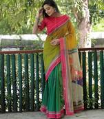 green  color linen durga pooja sarees