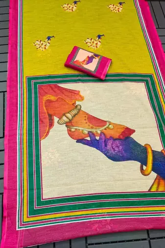 green  color linen durga pooja sarees