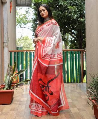 white  color linen durga pooja sarees 1