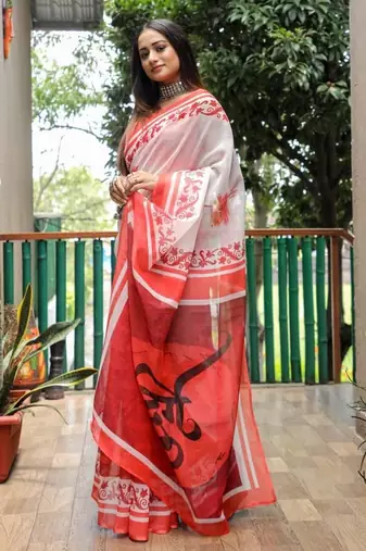 white  color linen durga pooja sarees