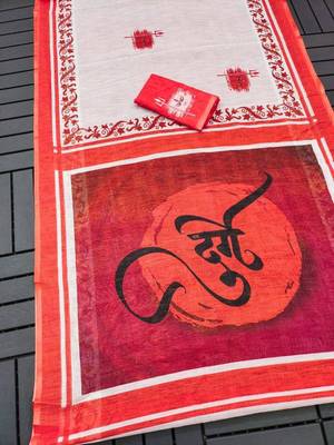 white  color linen durga pooja sarees 2