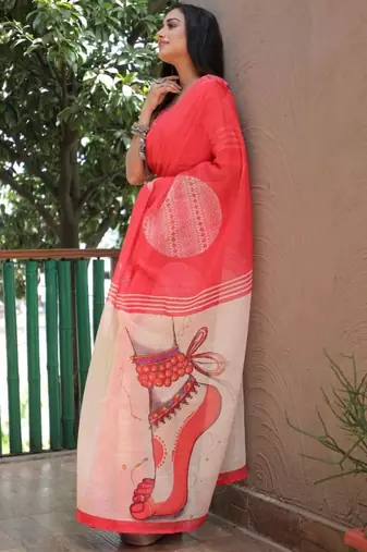 red  color linen durga pooja sarees