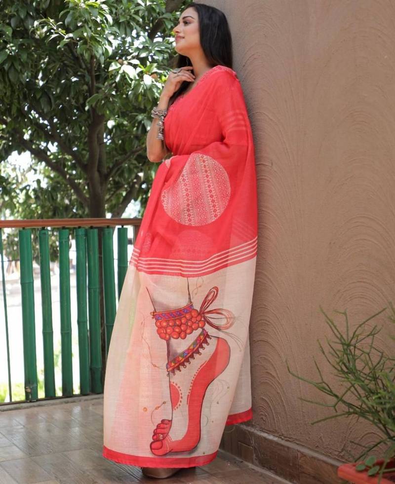 red  color linen durga pooja sarees