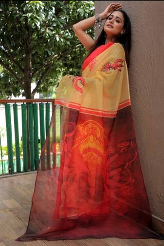 yellow   red color linen durga pooja sarees