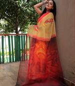 yellow   red color linen durga pooja sarees