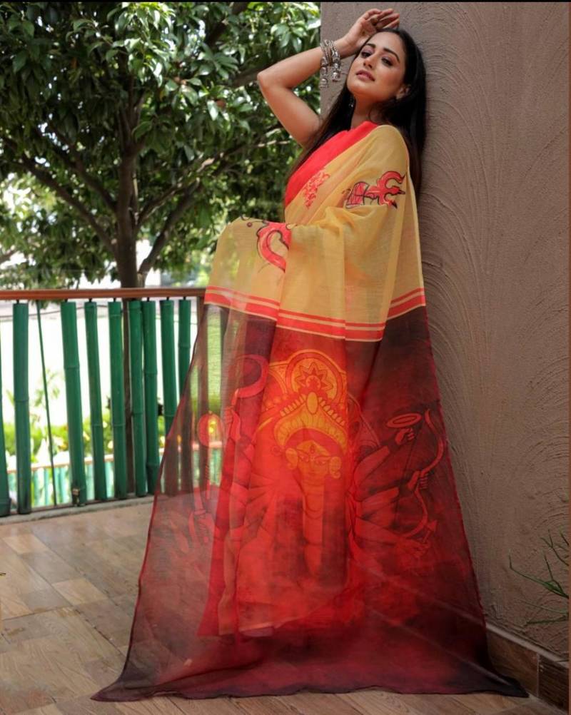 yellow   red color linen durga pooja sarees