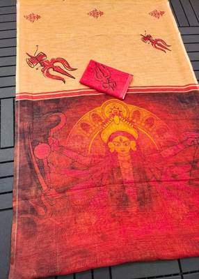 yellow   red color linen durga pooja sarees 2