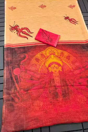 yellow   red color linen durga pooja sarees