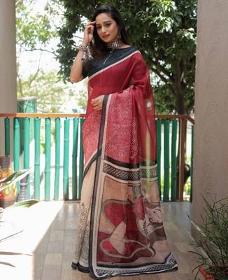 red white color linen durga pooja sarees 1