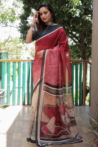 red white color linen durga pooja sarees