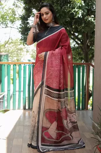 red white color linen durga pooja sarees