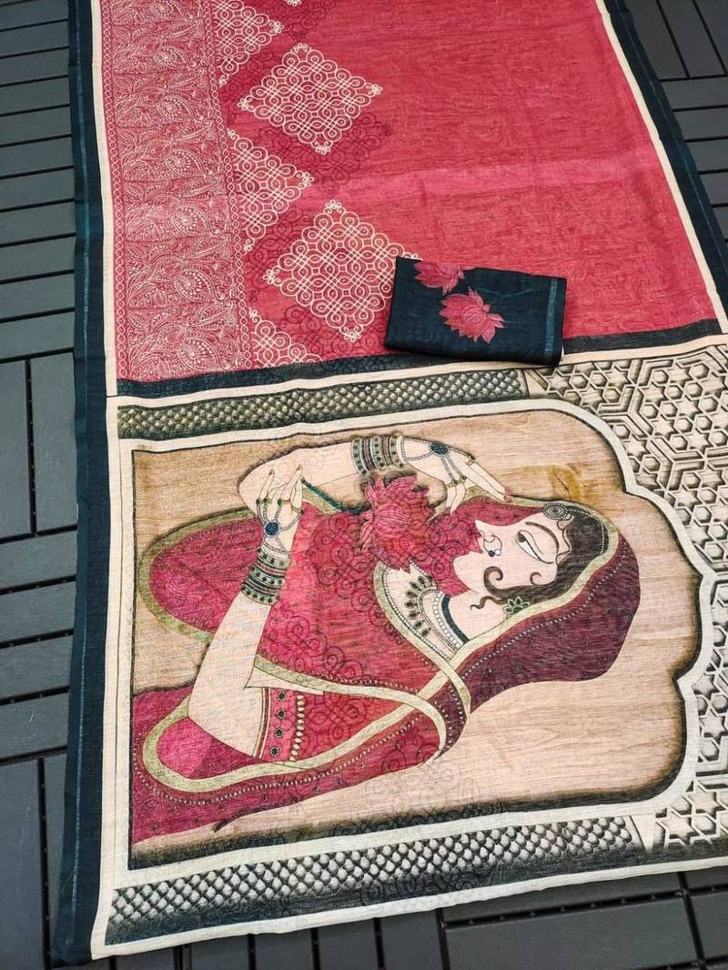 red white color linen durga pooja sarees