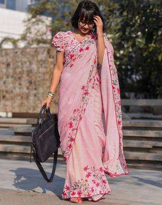 pink color linen digital printed saree with running print blouse 1