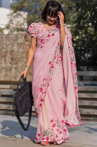 pink color linen digital printed saree with running print blouse