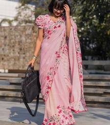 pink color linen digital printed saree with running print blouse