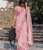 pink color linen digital printed saree with running print blouse