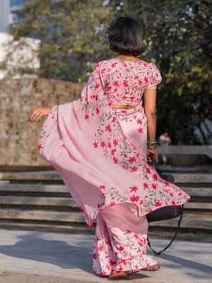 pink color linen digital printed saree with running print blouse 2
