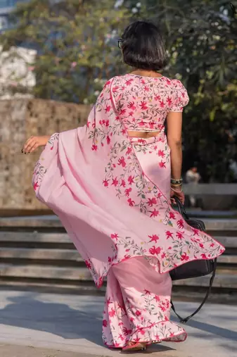 pink color linen digital printed saree with running print blouse