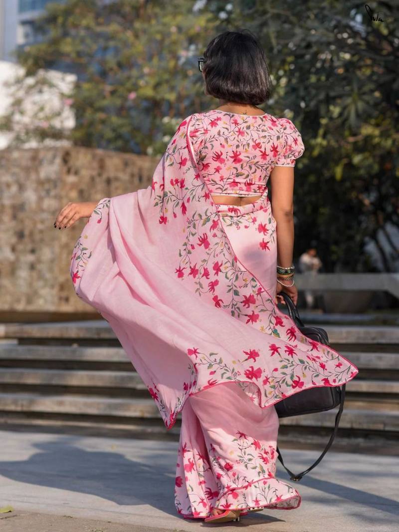 pink color linen digital printed saree with running print blouse