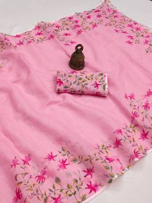 pink color linen digital printed saree with running print blouse 3