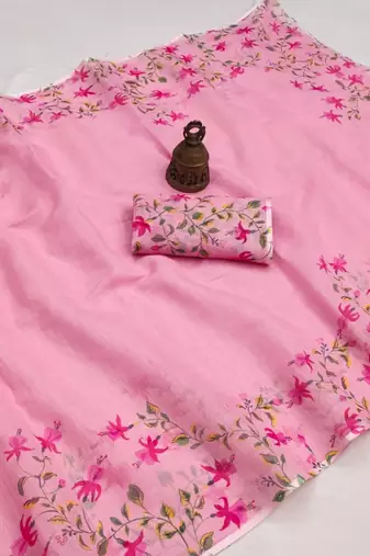 pink color linen digital printed saree with running print blouse
