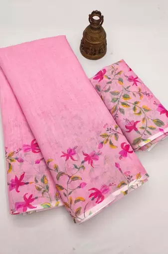pink color linen digital printed saree with running print blouse