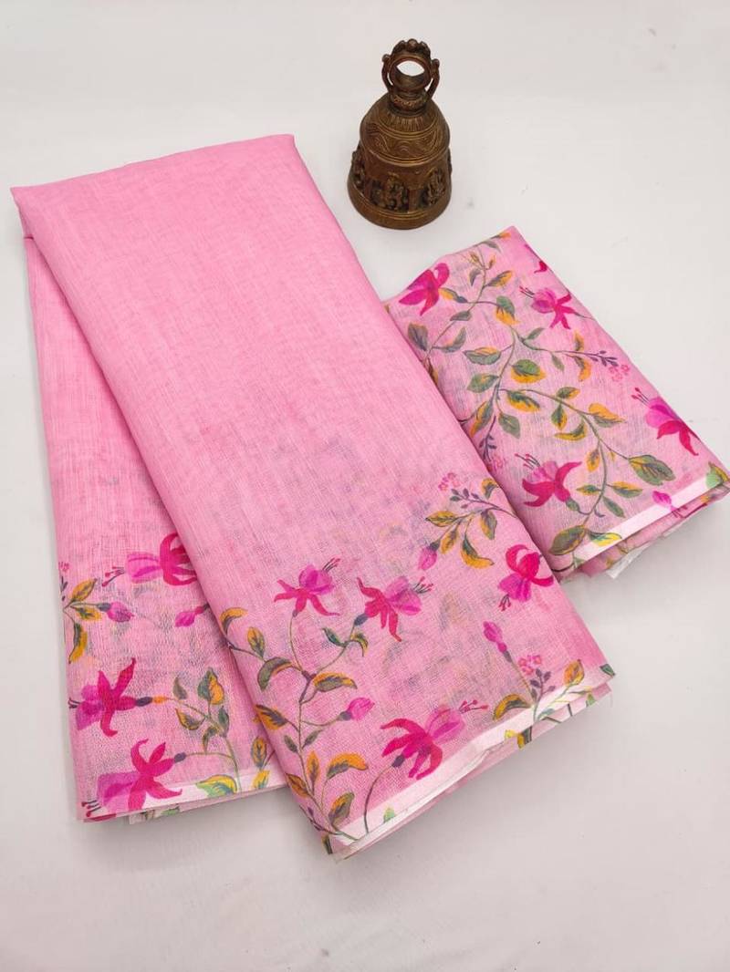 pink color linen digital printed saree with running print blouse