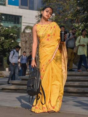 yellow color linen digital printed saree with running print blouse 1