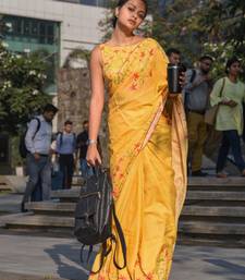 yellow color linen digital printed saree with running print blouse