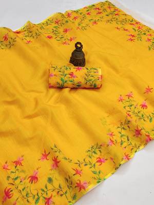 yellow color linen digital printed saree with running print blouse 3