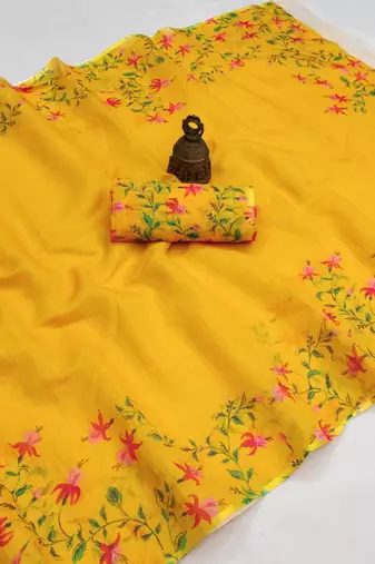 yellow color linen digital printed saree with running print blouse