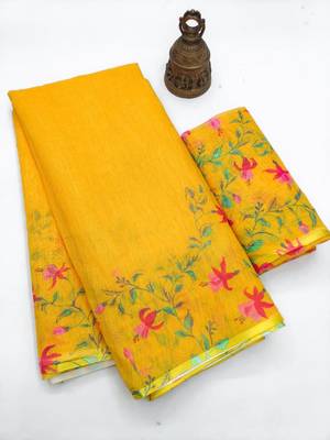 yellow color linen digital printed saree with running print blouse 4