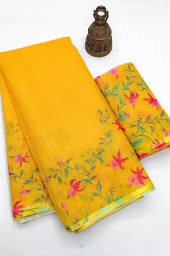 yellow color linen digital printed saree with running print blouse